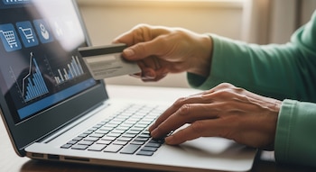 Primer plano de manos de adulto sosteniendo una tarjeta de crédito frente a una laptop. La pantalla muestra gráficos de crecimiento económico e iconos de carrito de compras.
