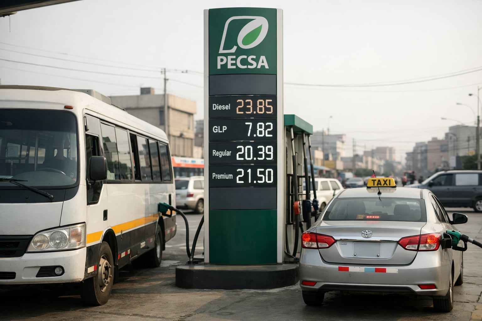 Un colectivo y un taxi repostan combustible en una estación PECSA en Lima, Perú, con los precios de diésel, GLP, regular y premium mostrando valores altos que reflejan la actual coyuntura económica del país. (Imagen Ilustrativa Infobae)