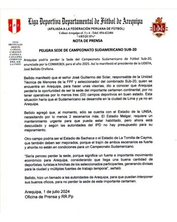 Arequipa podría perder sede del