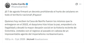 Carlos Carrillo cuestionó el enfoque de seguridad del nuevo gobierno - crédito @CarlosCarrilloA/X