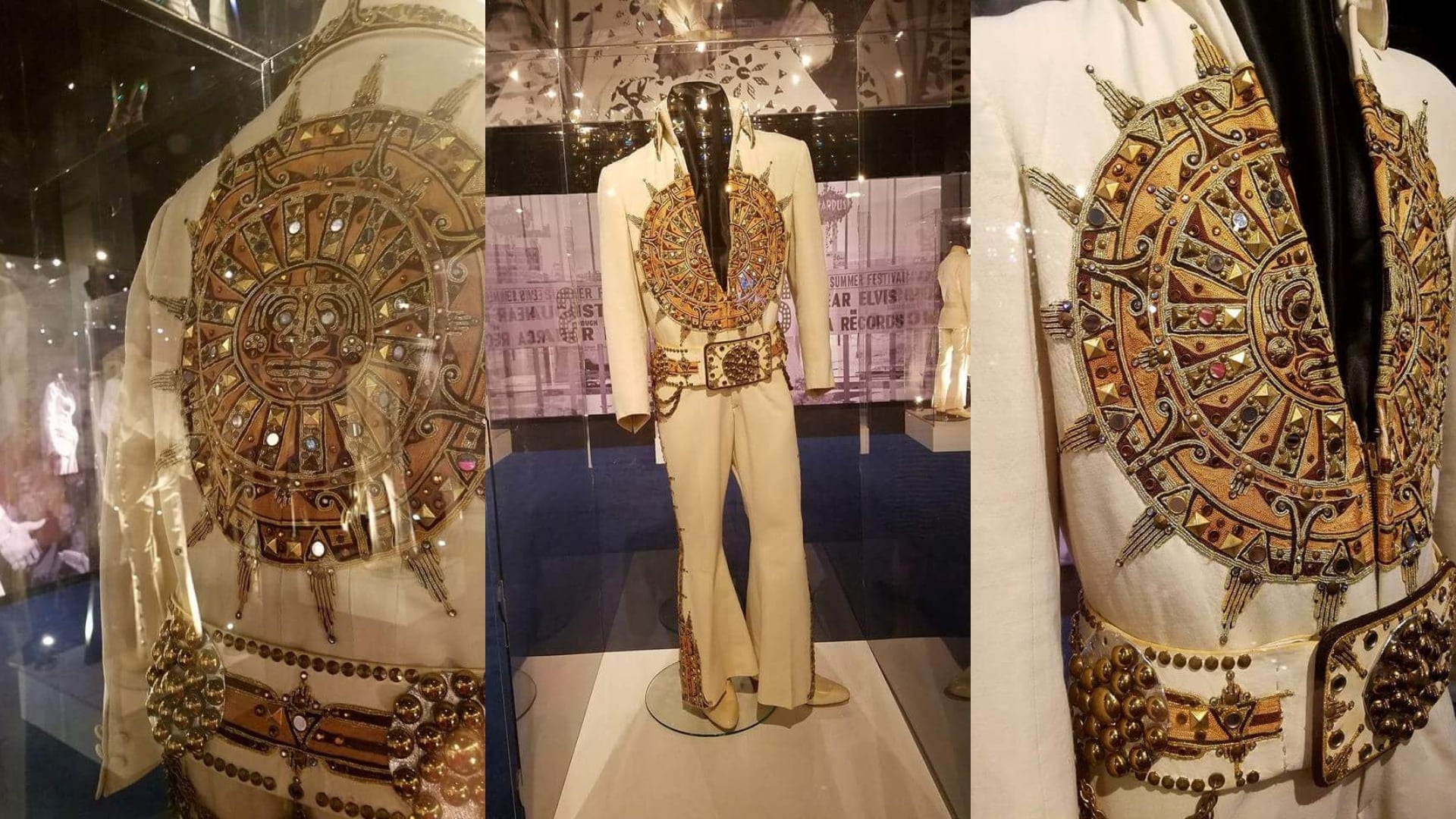 Elvis Presley portó en su último concierto un traje blanco de cuello alto con la Piedra del Sol Azteca inspirado en México (Foto: Facebook / Elvis Presley fans of Nashville)