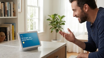 Un hombre sonriente de perfil mira un Google Nest Hub en una encimera de cocina. La pantalla muestra 'Ok Google, ¿qué tiempo hace hoy?' en español.