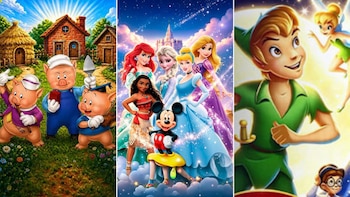 Tres imágenes contiguas con personajes infantiles: los tres cerditos, Mickey Mouse con varias princesas y Peter Pan junto a Campanita