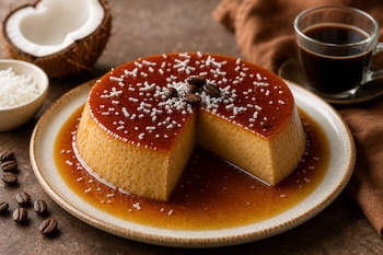 Flan con caramelo, granos de café y coco rallado sobre un plato, acompañado por una taza de café y medio coco.