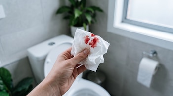 Mano sosteniendo papel higiénico con manchas rojas sobre el fondo de un baño con inodoro blanco y pared gris.