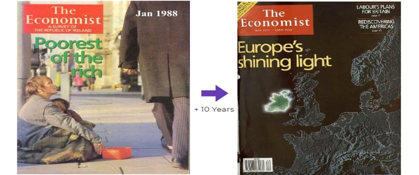 En 1988, la revista The Economist describía a Irlanda como el país más pobre entre los ricos, una década después, la misma publicación títulaba “La luz que brilla en Europa”