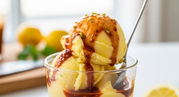 Un vaso de vidrio con varias bolas de helado de limón amarillo, cubierto con salsa de chamoy y ralladura verde. Una cuchara de metal en el helado.