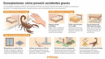 Infografía con ilustraciones de ocho métodos para prevenir accidentes por escorpiones en el hogar, incluyendo separación de muebles, sellado de grietas y mosquiteros.