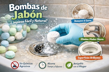 Una mano con guante azul suelta una pastilla efervescente en un lavabo. Un frasco de vidrio lleno de pastillas de limpieza de colores está junto al lavabo.