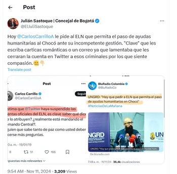 Julián Sastoque cuestionó las palabras de Carrillo hacia el ELN por paro armado en el Chocó - crédito @ElJuliSastoque