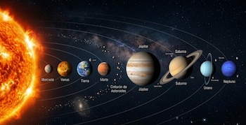 Diagrama completo del Sistema Solar. Muestra el Sol, Mercurio, Venus, Tierra, Marte, Júpiter, Saturno, Urano y Neptuno con sus órbitas y el cinturón de asteroides