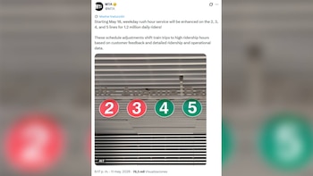 Captura de pantalla de un tuit de la MTA que muestra cuatro círculos con números: dos rojos con '2' y '3', y dos verdes con '4' y '5', sobre un fondo rayado