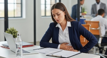 Mujer adulta sentada en un escritorio con mano sobre el abdomen. Hay una computadora portátil, papeles, una botella de agua y una planta en maceta.