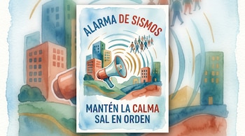 Ilustración en acuarela con un megáfono, edificios, siluetas humanas y el texto Alarma de sismos, mantén la calma, sal en orden.