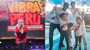 Mujer de cabello rubio con blusa de lentejuelas rojas canta en escenario frente a letrero 'Vibra Perú'. Hombre y mujer sonríen con tres niños, dos con camisetas de fútbol