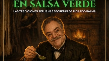 Ilustración de hombre con bigote, gafas y traje, sonriendo y sosteniendo una cuchara con líquido verde. Fondo con chimenea. Texto: En salsa verde