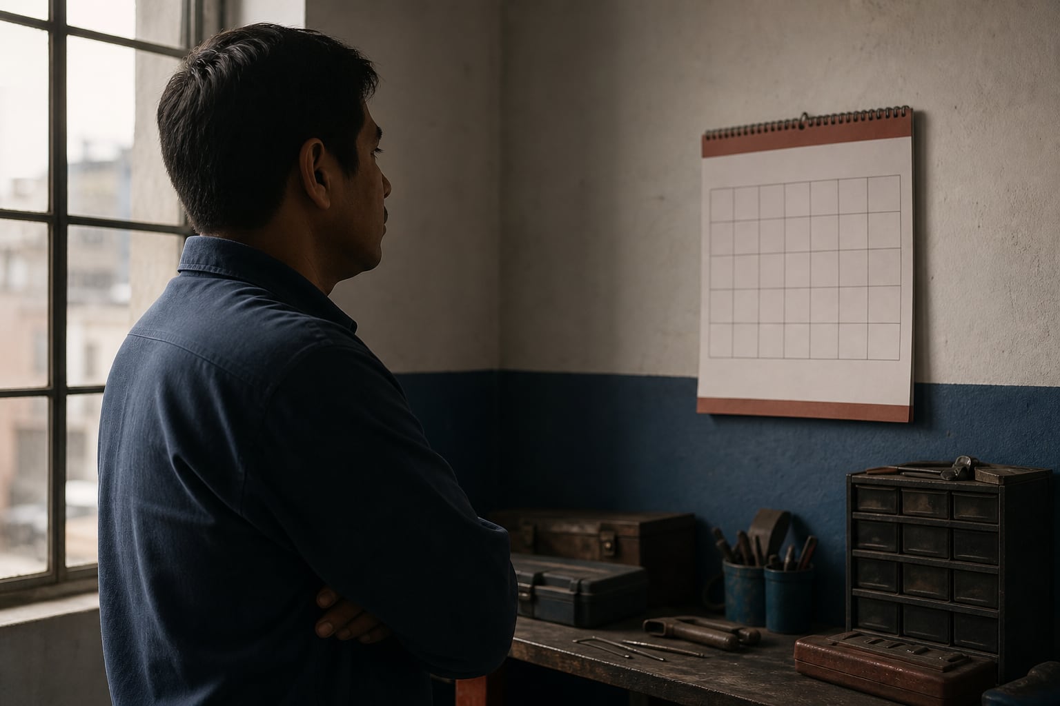 Un trabajador en un taller de Lima observa un calendario colgado en la pared ante el debate sobre el cronograma del aumento salarial. (Imagen Ilustrativa Infobae)