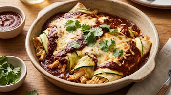 Un refractario de cerámica con enchiladas de pollo y calabaza bañadas en salsa y queso gratinado, decoradas con cilantro fresco, sobre una mesa de madera.