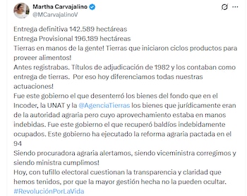 Martha Carvajalino reportó 142.589 hectáreas entregadas de forma definitiva y 196.189 provisionales en la reforma agraria en Colombia - crédito @MCarvajalinoV/X