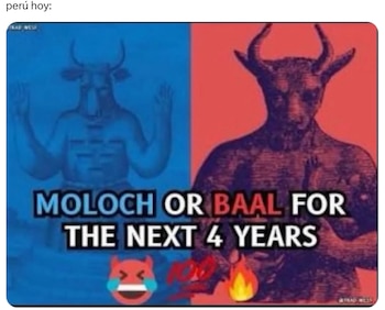 Un meme con dos figuras antropomórficas con cuernos, una azul y otra roja, con el texto "MOLOCH OR BAAL FOR THE NEXT 4 YEARS" y emojis de risa y fuego