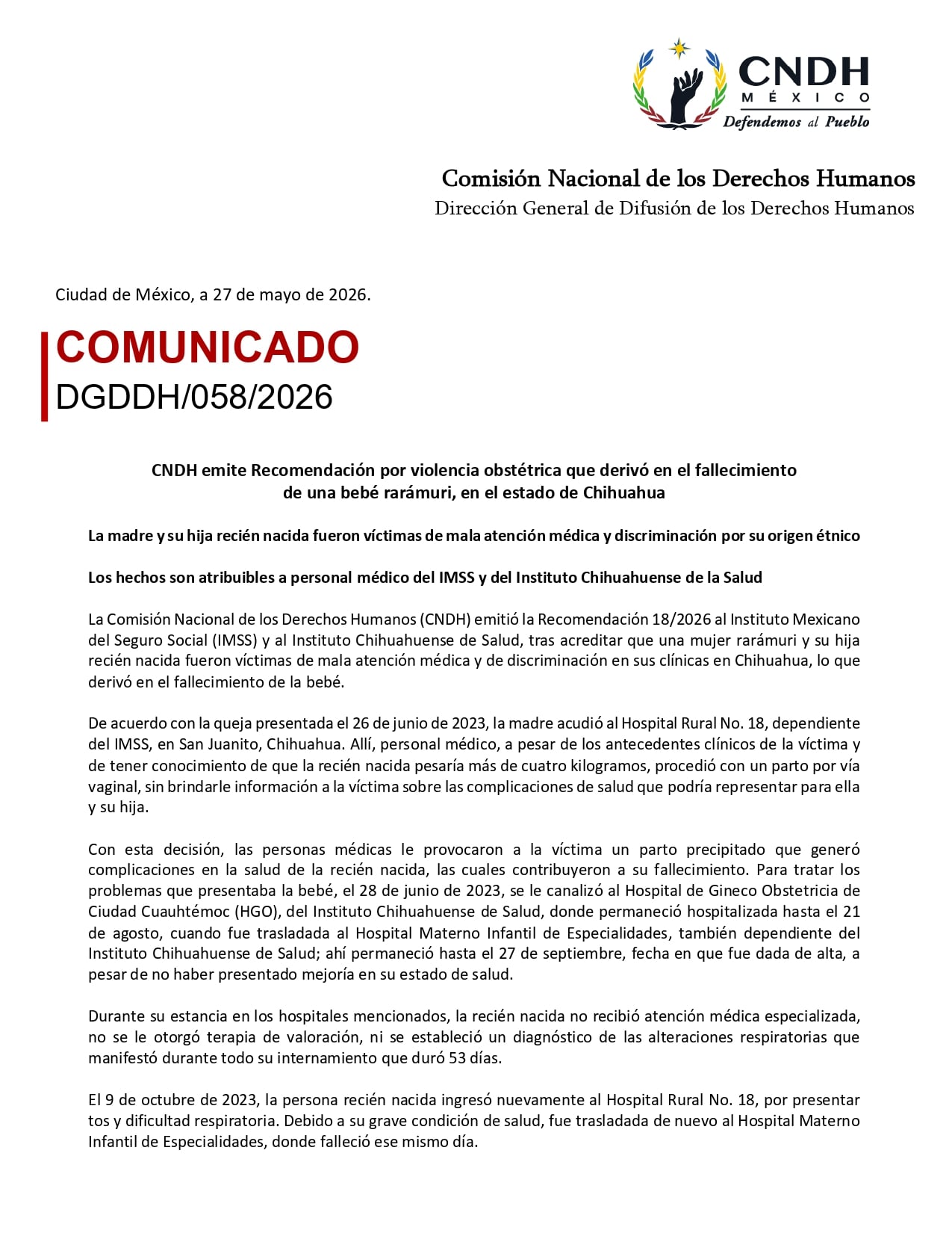 La CNDH emitió la recomendación 18/2026 contra el IMSS y el Instituto Chihuahuense de Salud, este miércoles. (Crédito: CNDH)