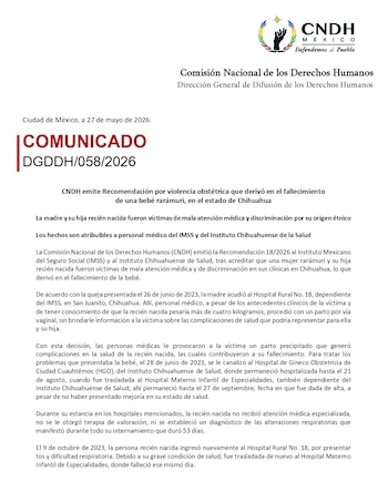 La CNDH emitió la recomendación 18/2026 contra el IMSS y el Instituto Chihuahuense de Salud, este miércoles. (Crédito: CNDH)