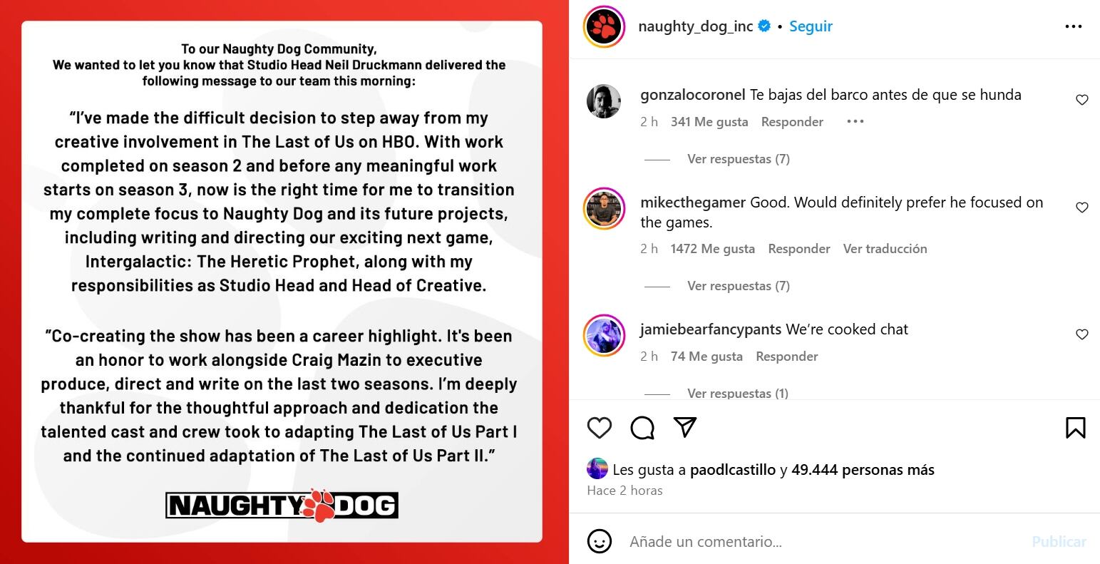 Druckmann declaró en Instagram que centrará su trabajo en la creación de videojuegos. (Créditos: Instagram / naughty_dog_inc)