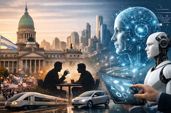 Edificio del Congreso de Argentina con bandera, multitud, tren, auto, dos personas conversando; rostro humano digital, robot y mano usando una tableta.
