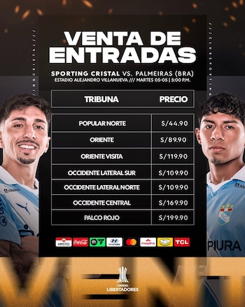 Entradas para Sporting Cristal vs Palmeiras en Matute por la Copa Libertadores 2026.