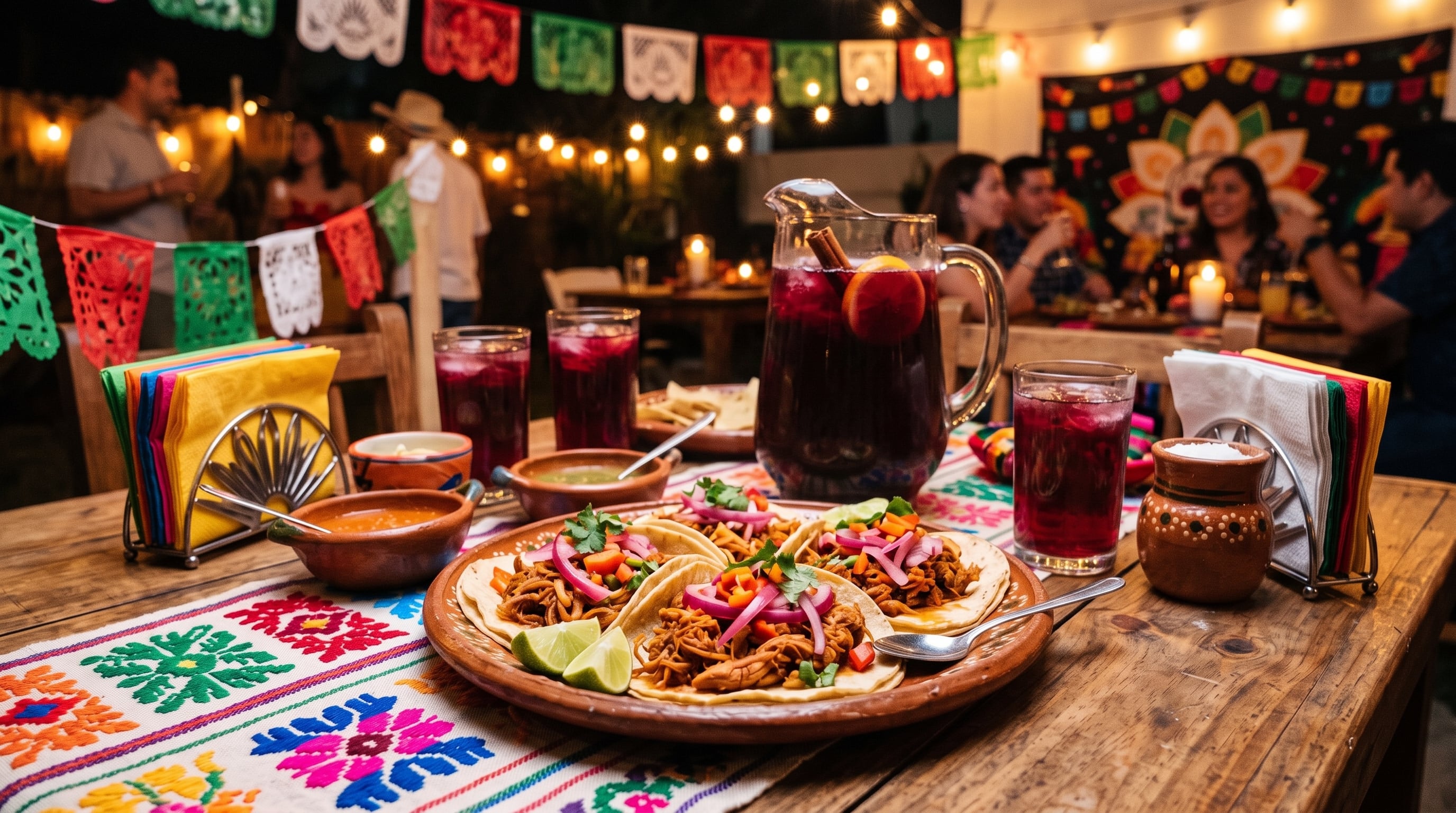 Un plato de tacos y una jarra de agua de jamaica se encuentran sobre una mesa con adornos tradicionales durante una reunión nocturna al aire libre. (Imagen Ilustrativa Infobae)