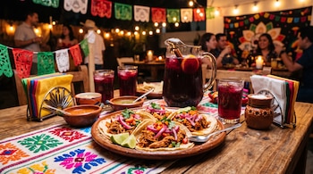 Plato con tacos, recipientes con salsas, vasos y una jarra con bebida roja sobre una mesa de madera decorada con banderines de papel picado.