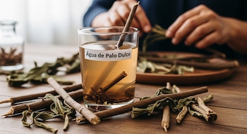 Vaso de vidrio con líquido ámbar rotulado como "Agua de Palo Dulce", ramas secas, hojas verdes y manos manipulando hierbas en una mesa de madera.