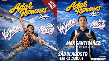 Dos afiches del show "Viajando sin Maleta" con Adal Ramones y Max Santivañez. Uno muestra a Ramones con avión, el otro a Santivañez. Incluye fecha y teatro