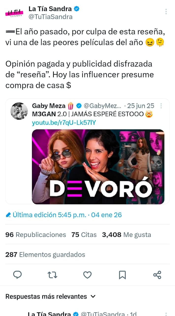 La controversia creció cuando La Tía Sandra expuso el tema en X. (Captura de pantalla / X)