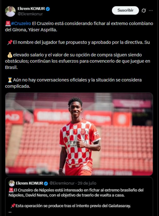 Cruzeiro busca un extremo y analiza al colombiano Yaser Asprilla, jugador de Girona, para este mercado-crédito @Ekremkonur/X