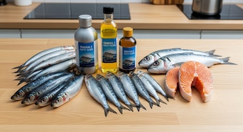 Múltiples sardinas, dos rodajas de salmón y tres botellas de aceite de pescado con etiquetas "OMEGA-3 Fatty Acids" sobre una tabla de madera clara en una cocina.