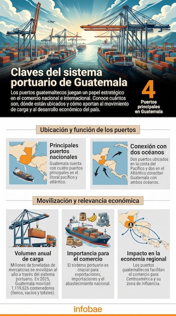 Infografía mostrando un puerto con barcos cargueros, grúas y contenedores de colores, con gráficos y mapas ilustrando el sistema portuario de Guatemala.