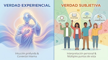Infografía con dos secciones: una figura en meditación para Verdad Experiencial, y cuatro personas con burbujas de pensamiento para Verdad Subjetiva.