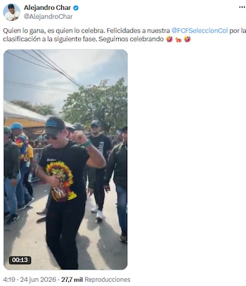 Alejandro Char refuerza el llamado a celebrar la clasificación de Colombia - crédito @AlejandroChar/X