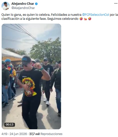 Alejandro Char refuerza el llamado a celebrar la clasificación de Colombia - crédito @AlejandroChar/X