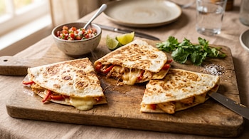 Tres porciones de quesadillas con pollo y queso derretido en una tabla de madera junto a salsa en cuenco, lima y cilantro.