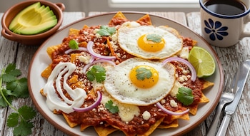 Plato de chilaquiles con totopos, salsa roja, dos huevos fritos, queso, cebolla morada, cilantro y crema. Contiene aguacate, lima, una taza de café y cubiertos.
