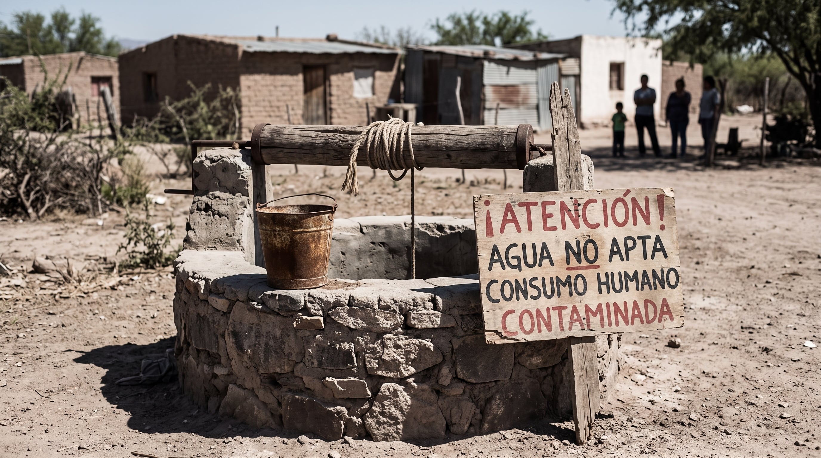 Un cartel en un pozo de agua advierte a los habitantes de una comunidad rural sobre la contaminación del suministro que imposibilita su consumo. (Imagen Ilustrativa Infobae)