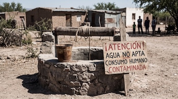 Pozo de piedra con un balde metálico y un cartel de madera que indica Atención Agua no apta consumo humano contaminada.