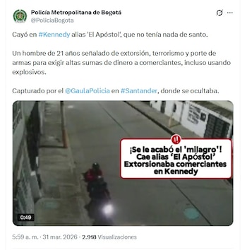 El 31 de marzo de 2026 se confirmó la captura - crédito @PoliciaBogota/X