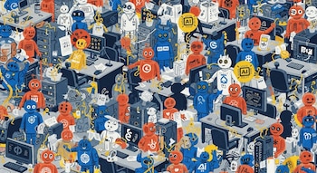Densa ilustración digital tipo collage con muchos robots y figuras estilizadas en escritorios y servidores abstractos. El fondo es una trama de circuitos y código desordenado.