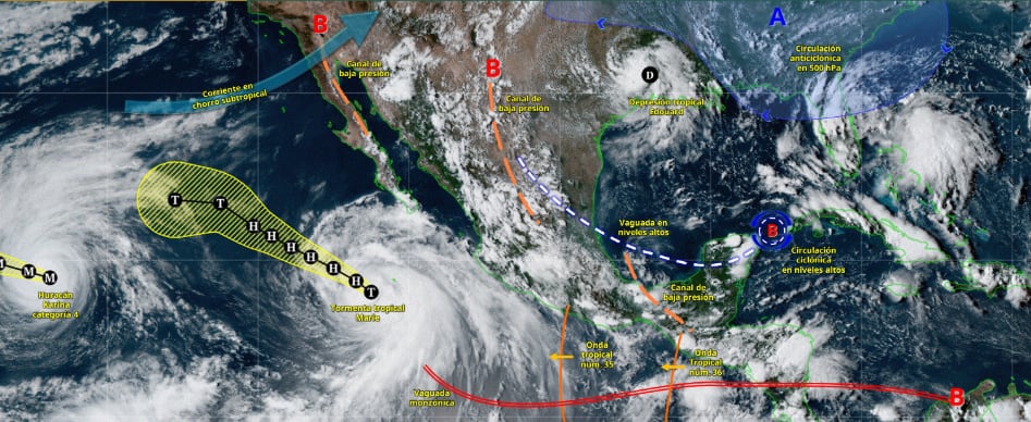 Un mapa del Servicio Meteorológico Nacional señala las trayectorias de la tormenta Marie y diversos sistemas atmosféricos sobre el territorio mexicano. (Conagua clima)