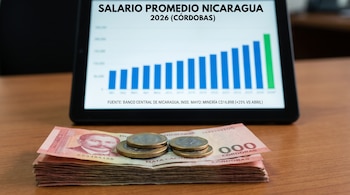 Una tablet muestra un gráfico de barras con el salario promedio en Nicaragua 2026. Hay billetes de mil córdobas apilados con monedas encima.