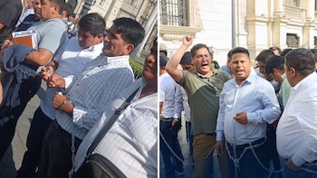 Alcaldes del Vraem se encadenan frente a Palacio de Gobierno y lanzan duro mensaje: “Mientras compran aviones, no hay agua”