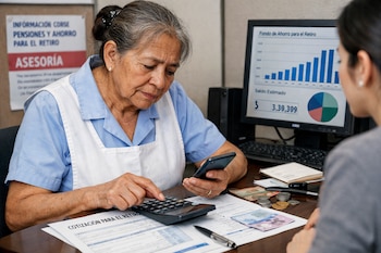 Mujer de edad avanzada con delantal blanco usa calculadora y teléfono frente a documentos; billetes y monedas en el escritorio; monitor con gráficos y otra persona de espaldas.